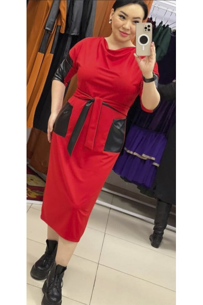 Красное длинное платье с кожаными вставками Арт. 1289